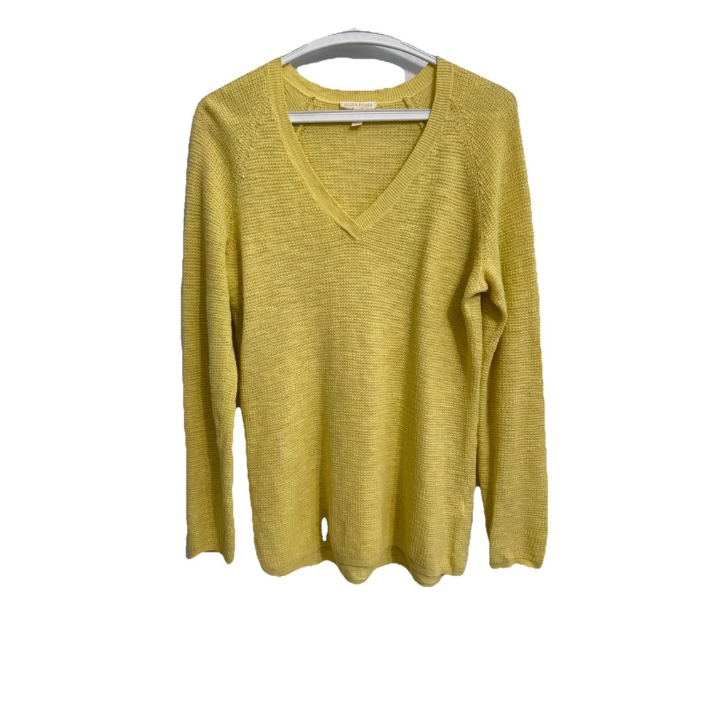 Eileen Fisher Women's Size Medium Yellow Organic Linen Knit V Neck Sweater